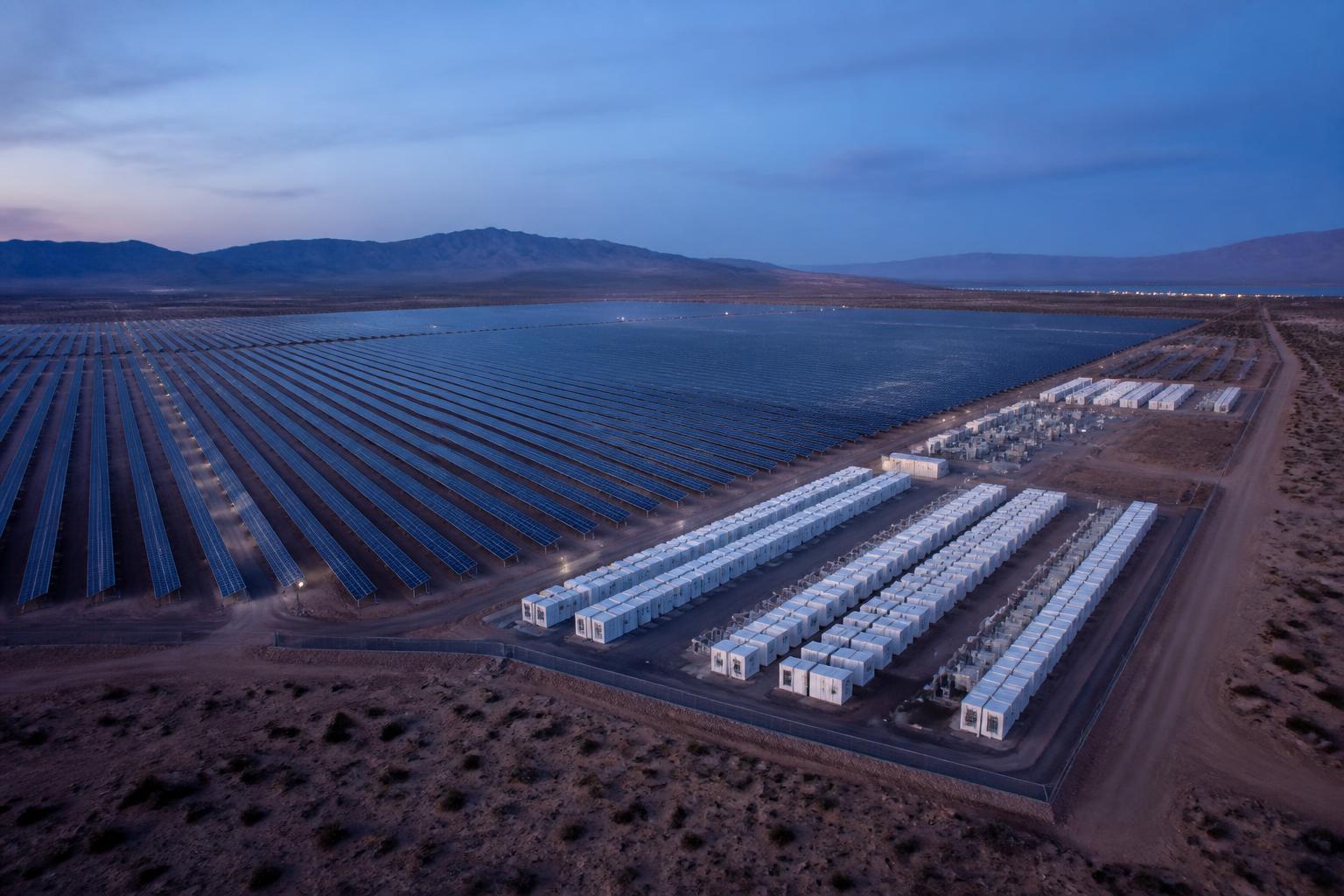 Gemini Solar Project in the Mojave Desert northeast of Las Vegas with an adjacent battery storage field at blue hour
