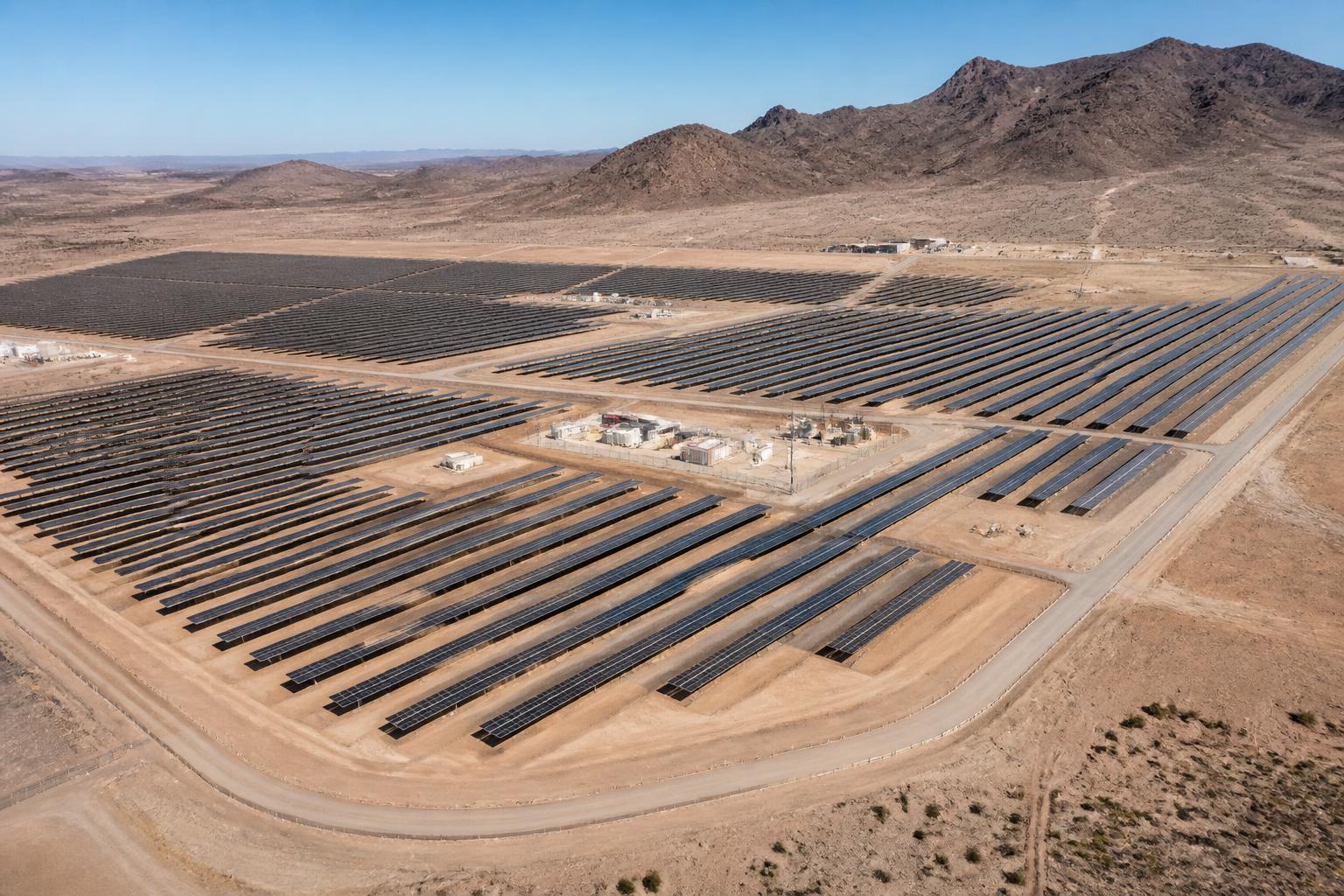 Techren Solar Project in Eldorado Valley, Boulder City, Nevada, with tracker rows in front of arid mountain ranges